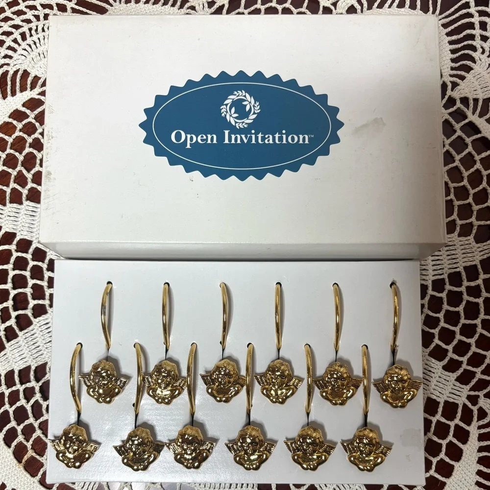 Vintage Shower Curtain Rings Victorian Cherub Angel Gold Brass Hook Set of 12